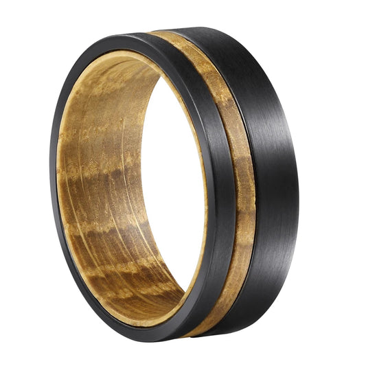 Black Brushed Matte with Wood Groove and Interior Tungsten Wedding Band