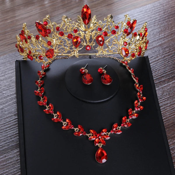 Baroque Vintage Gold, Red Crystal and Rhinestone Tiara, Necklace & Earrings Jewelry Set