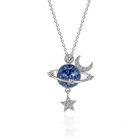 925 Sterling Silver Planet Moon and Stars Pendant Necklace