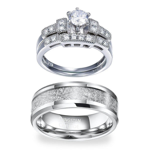 His & Her Tungsten Couple 925 Sterling Silver Wedding Promise Rings Set