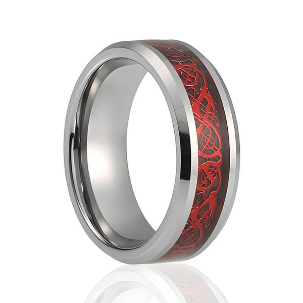 Silver Tone Tungsten Carbide Band, Red Dragon Celtic Pattern over Black Carbon Fiber Inlay