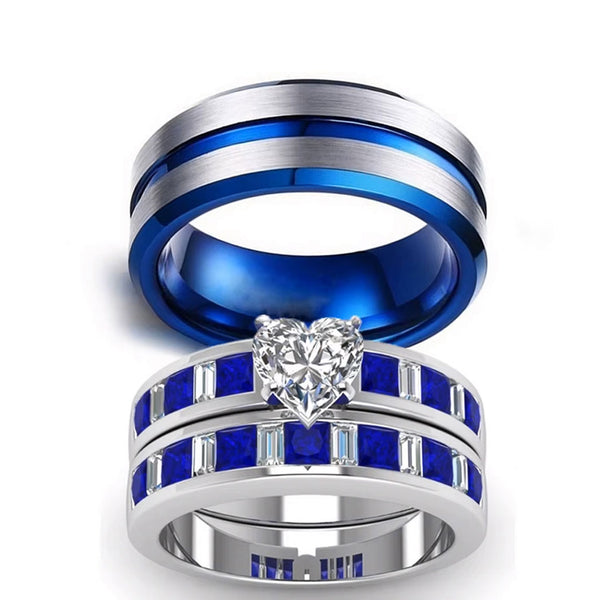 Silver Brushed Matte & Blue Inlay Band and White & Blue Zirconia Wedding Ring Set