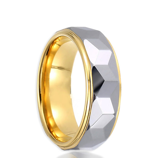 Dome Shape Diamond Pattern Silver Surface with Gold Coated Stainless Steel Ring