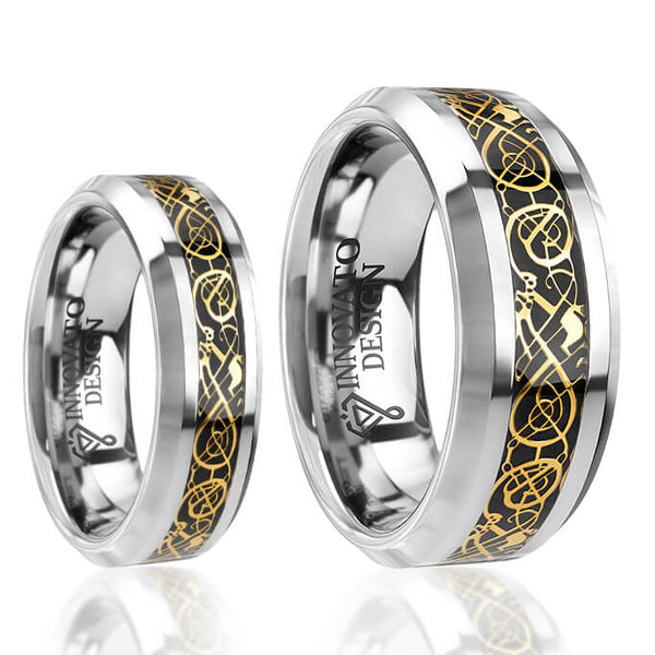 His & Her 6mm/8mm Tungsten Carbide Wedding Bands with Gold Celtic Dragon Inlay Set
