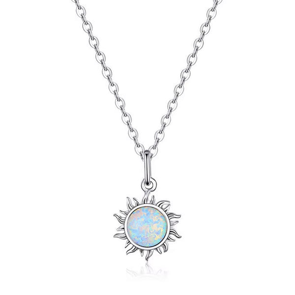 925 Sterling Silver Cubic Zircon and Opal Sun Necklace