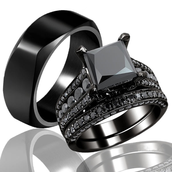Black Zircon Couple Engagement Tungsten Wedding Ring Set