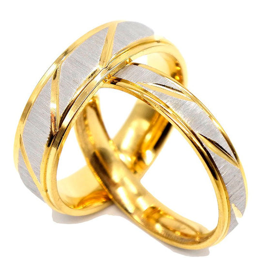 Gold Plated Wedding Ring Set for Couples with Black Finish Inlay and Embossed Design - Innovato Store