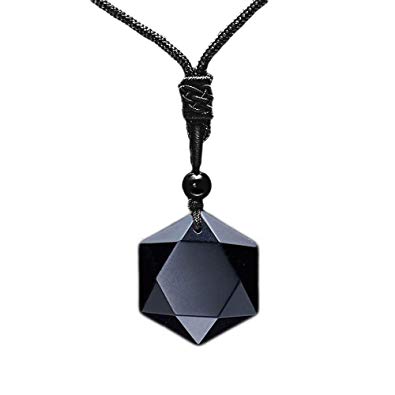 Black Stone Obsidian Six Stars Lucky Amulet Necklace Pendant