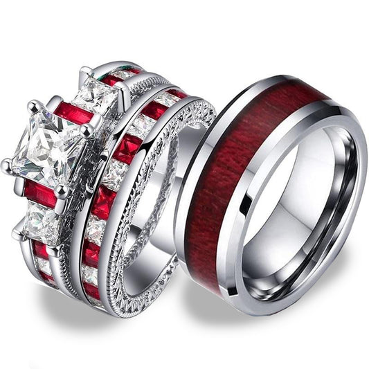 His & Hers Wedding Bands - Red Koa Wood and Red & White Zirconia Rings Set