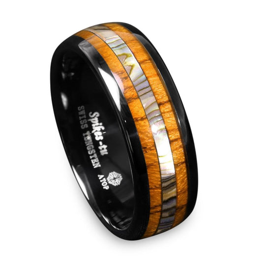 Black Tungsten Carbide with Koa Wood and Abalone Inlay Silver Wedding Band