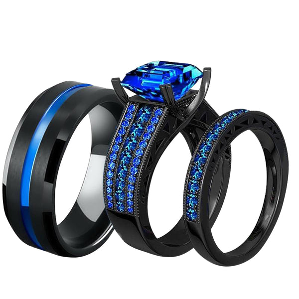 Blue Zircon Women's Ring and Tungsten Men's Ring Engagement Wedding Rings Set