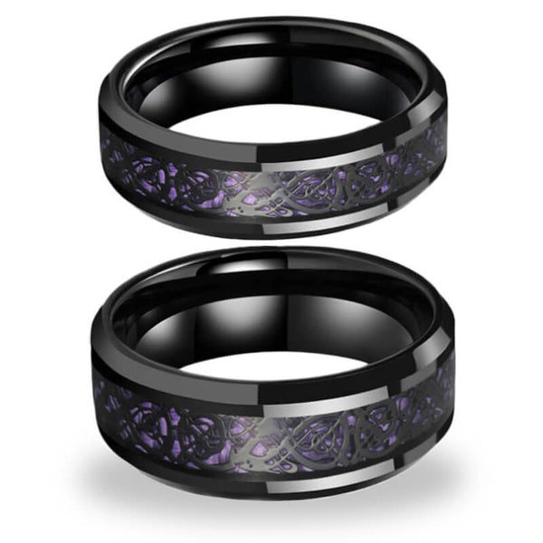 His & Her 6mm/8mm Tungsten Carbide Wedding Bands with Purple Carbon Dragon Celtic Inlay