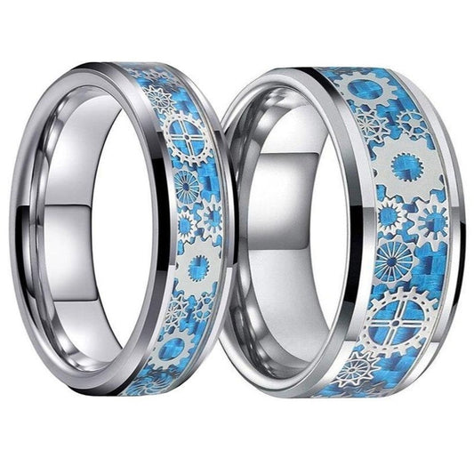 Gears & Blue Carbon Fiber Inlay Tungsten Carbide Wedding Band
