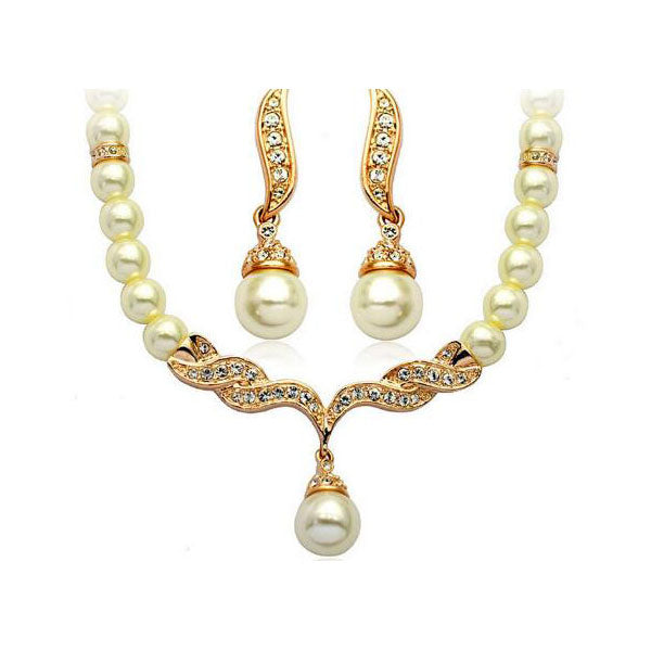 Gold Plated Pearl & Cubic Zirconia Pendant Fashion Necklace & Earrings Jewelry Set