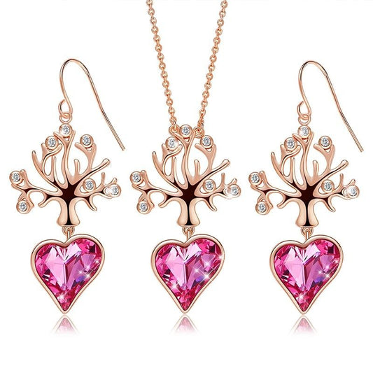 Crystal Heart & Fashion Tree Rose Gold Necklace & Earrings Jewelry Set