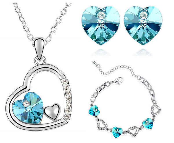Crystal Heart Necklace, Bracelet & Earrings Jewelry Set