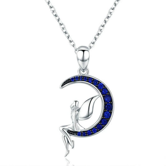 925 Sterling Silver Blue Crescent Moon and Fairy Pendant Necklace