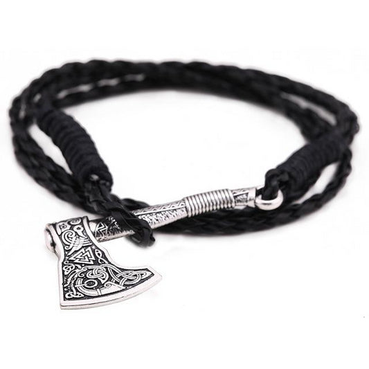 Handmade Woven Leather Axe Charm Bracelet