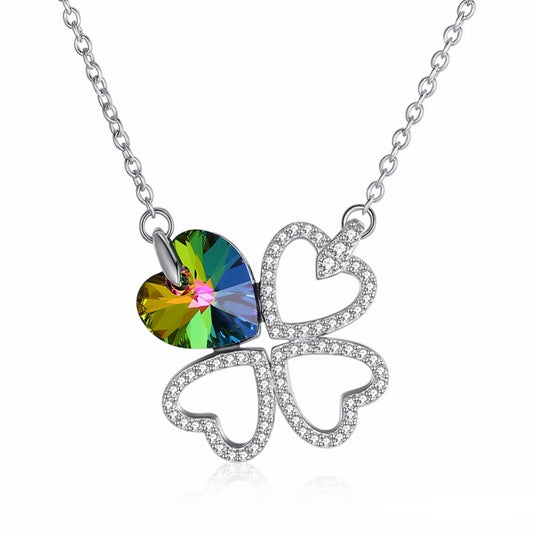 925 Sterling Silver Multicolored Four Leaf Clove Pendant Necklace