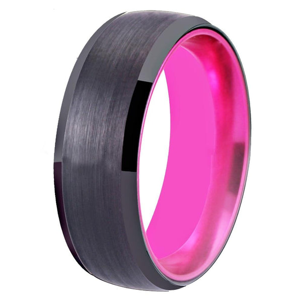 8mm Brushed Matte Black & Pink Tungsten Carbide Wedding Band