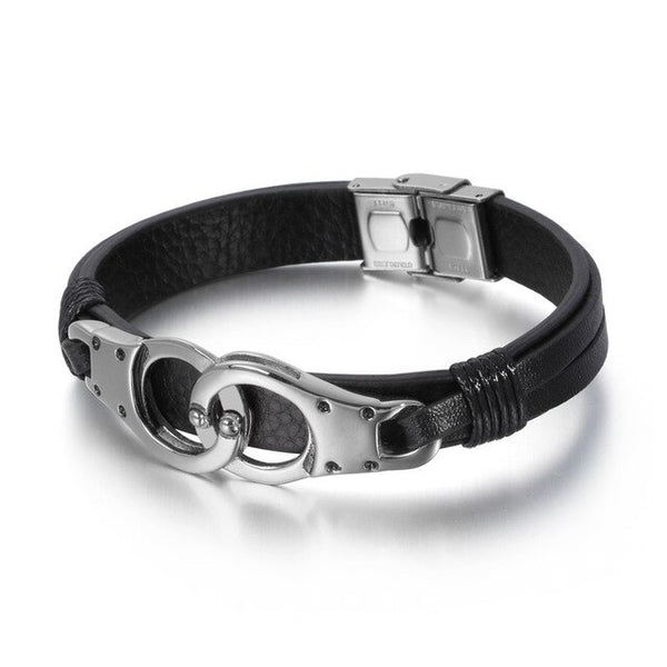 Stainless Steel Black Leather Silver Cuff Bracelet