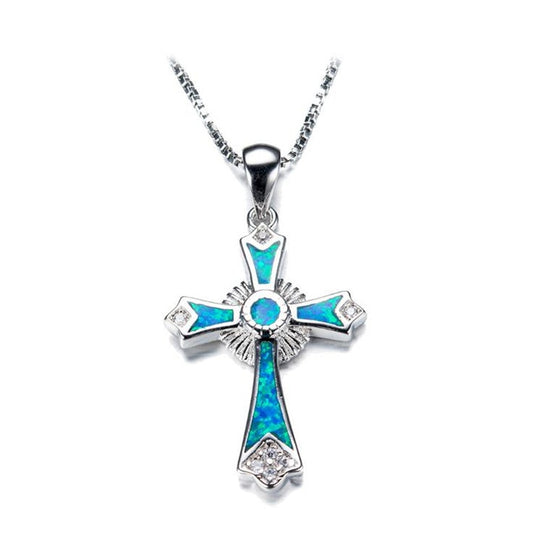 Silver with Blue Fire Opal Cross Pendant Necklace