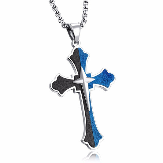 Two Tone Blue & Black Cross Pendant Necklace