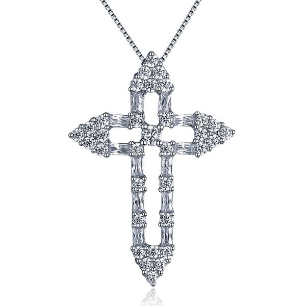 925 Sterling Silver Hollow Cross with Cubic Zirconia Pendant Necklace