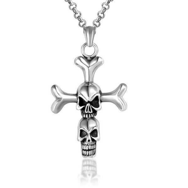 Titanium Punk Cross with Two Skulls Pendant Necklace