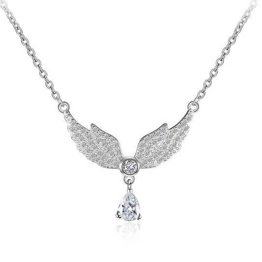 925 Sterling Silver Angel Wings  with Dangling Cubic Zirconia Stone Pendant Necklace