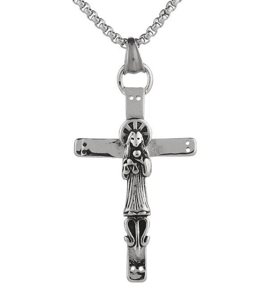 Gold and Silver Santa Muerte Cross Pendant Necklace