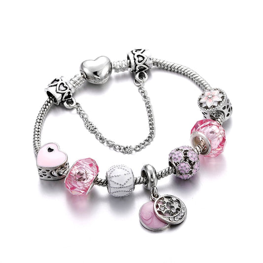 Pink Austrian Crystal Beads Charm Bracelet