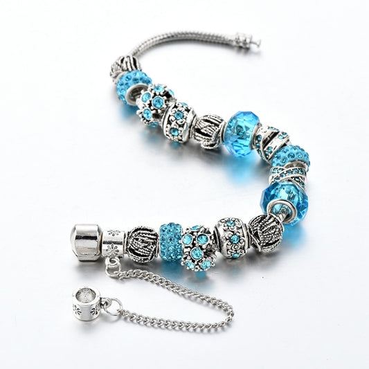 Blue Flower & Crystal Beads Charm Bracelet