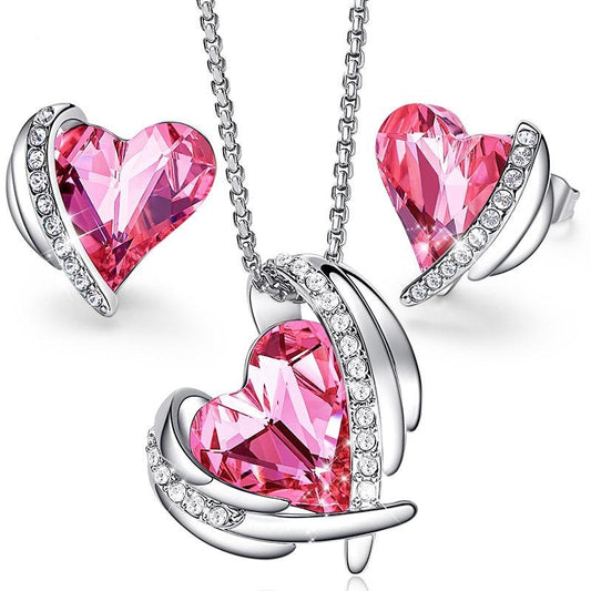 Crystal Pink Heart and Angel Wings Necklace & Earrings Jewelry Set