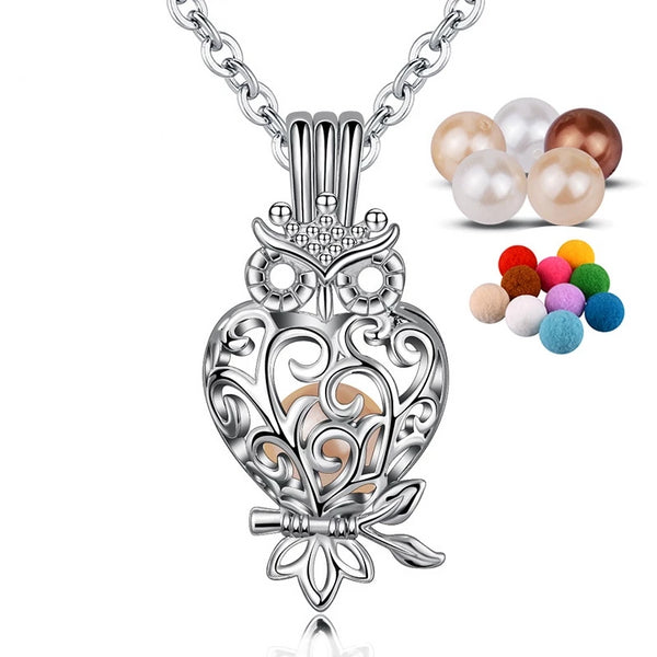 Crystal Ball and Pearl Locket Owl Pendant Necklace