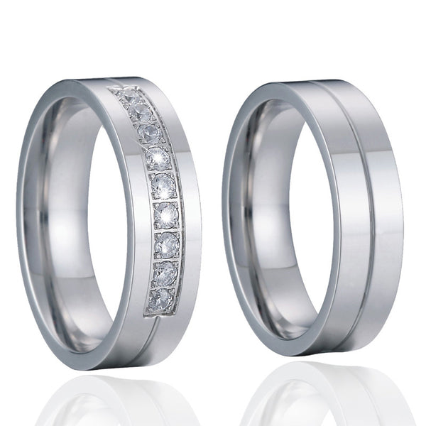 His & Hers Wedding Bands – Polished Titanium Steel and Cubic Zirconia Rings Set