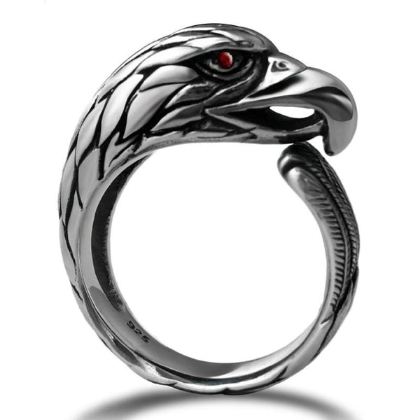 Red Cubic Zirconia Eye Gothic Eagle Adjustable 925 Sterling Silver Ring