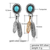 Feathers & Turquoise Stone 925 Sterling Silver Vintage Long Stud Earrings