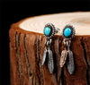 Feathers & Turquoise Stone 925 Sterling Silver Vintage Long Stud Earrings