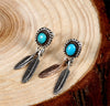 Feathers & Turquoise Stone 925 Sterling Silver Vintage Long Stud Earrings