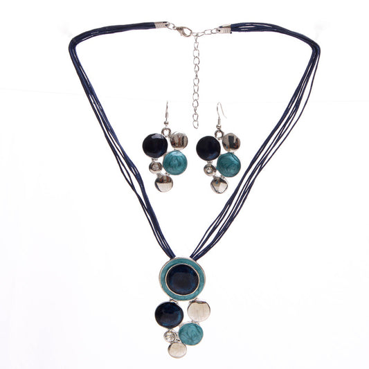 Leather Chain Enamel Gem Necklace & Earrings Jewelry Set