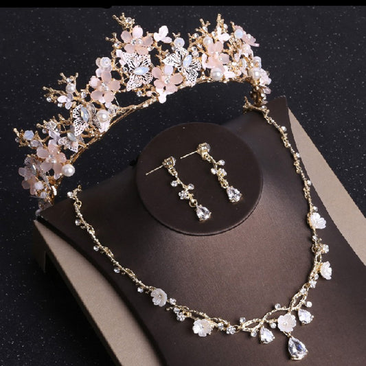 Baroque Gold Butterfly, Crystal and Rhinestone Tiara, Necklace & Earrings Jewelry Set