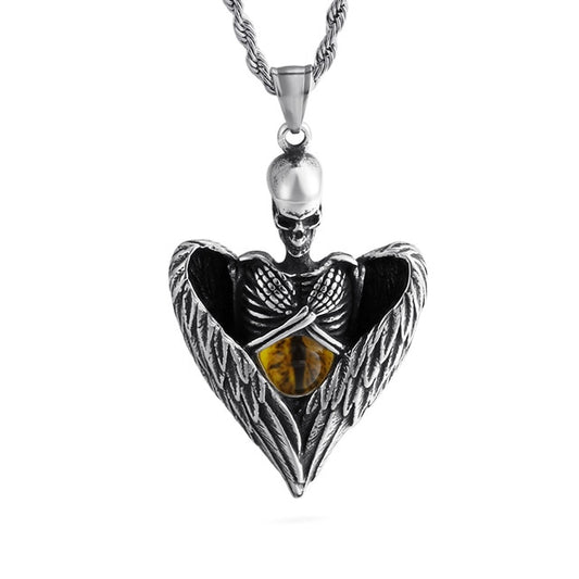 Stainless Steel Angel’s Skull Cat’s Eye Pendant Necklace