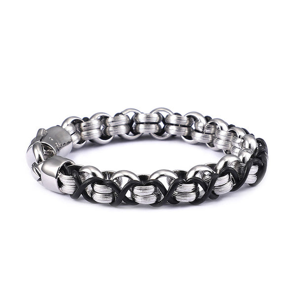 Interlocking Stainless Steel and Leather Bracelet