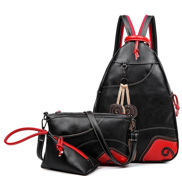 Three-Set PU Leather Multifunctional Preppy Style Backpack, Shoulder Bag & Purse