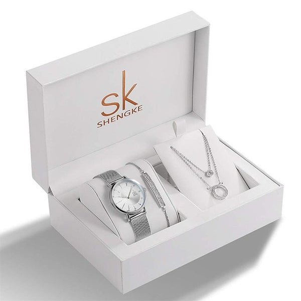 Luxury Women's Quartz Watch, Crystal Necklace & Bracelet Jewelry Set