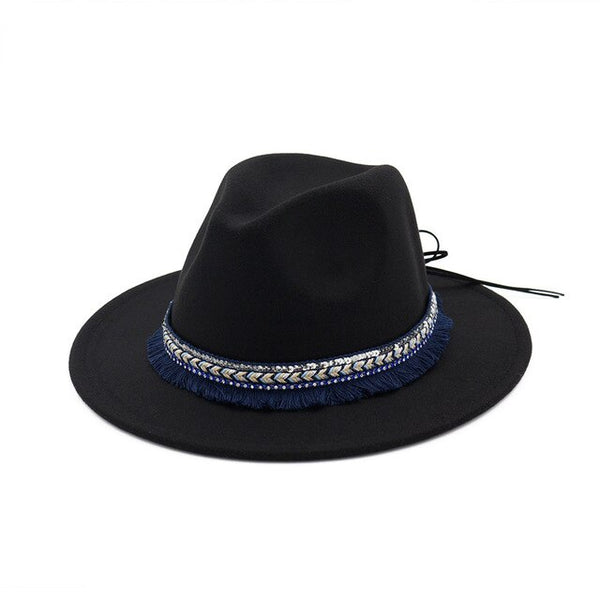 Wide Brim Wool Felt Fedora Hat with Ribbon and Tassels
