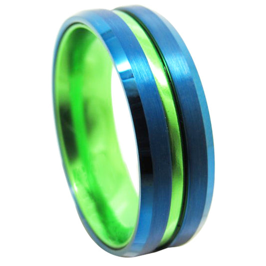 8mm Green & Blue Beveled Tungsten Carbide Wedding Band