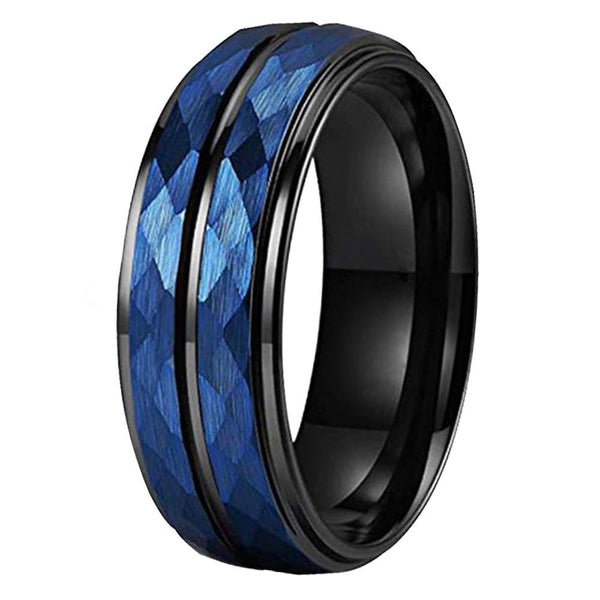 8mm Hammered Black & Blue Tungsten Carbide with Grooves Wedding Band