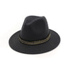 Wide Brim Wool Felt Fedora Hat with Gold Ribbon Decoration